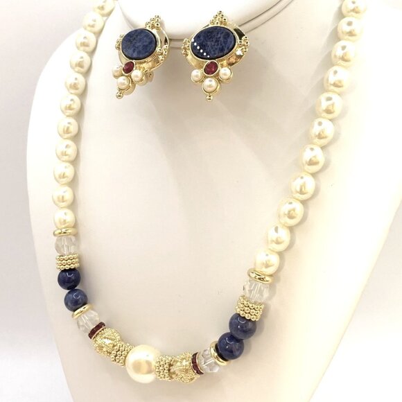 Alex Nicole For 1928 Pearl Lapis Gold Tone Red Necklace Clip On Earrings Set Vtg - Picture 2 of 10